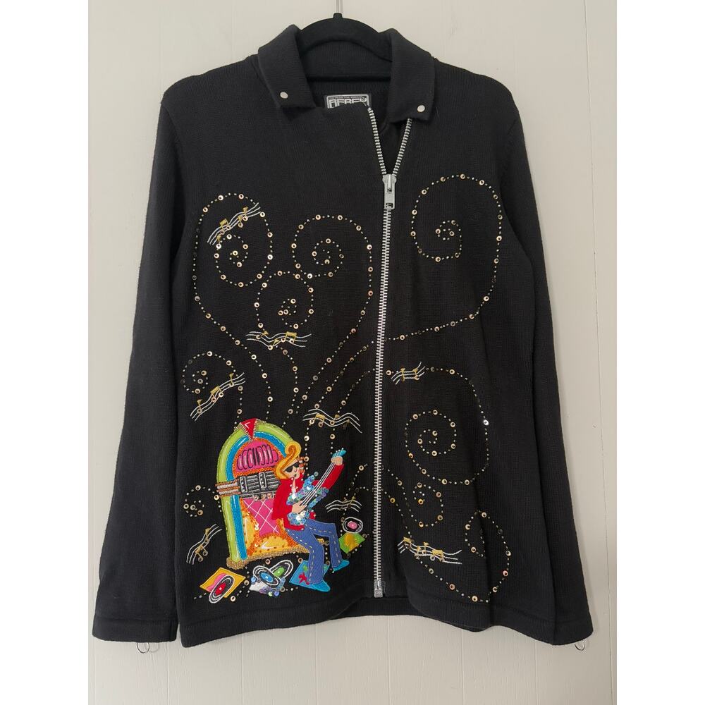 Berek Medium Zip Long Sleeve Elvis Rock Roll Jukebox Sample Biker Sweater